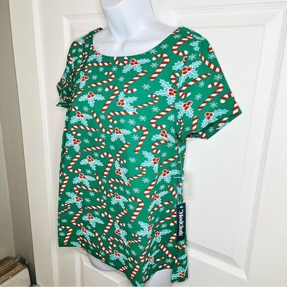 Modcloth Delightful Demeanor Christmas Blouse Candy Cane Green Red M NWT - Picture 6 of 11